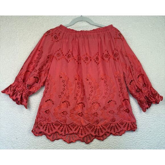 Beggon Eyelet Lace Off-The-Shoulder Puff Sleeve Blouse Coral‎ Size 42/ Medium - Picture 2 of 8